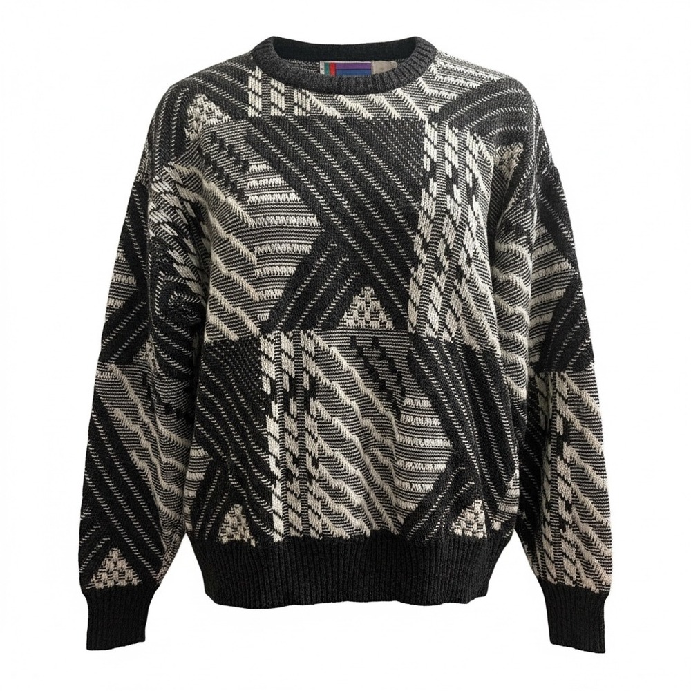 Vintage Sweater Graphix Geometric Pattern Knit Sweater Men XL Gray White 80s 90s